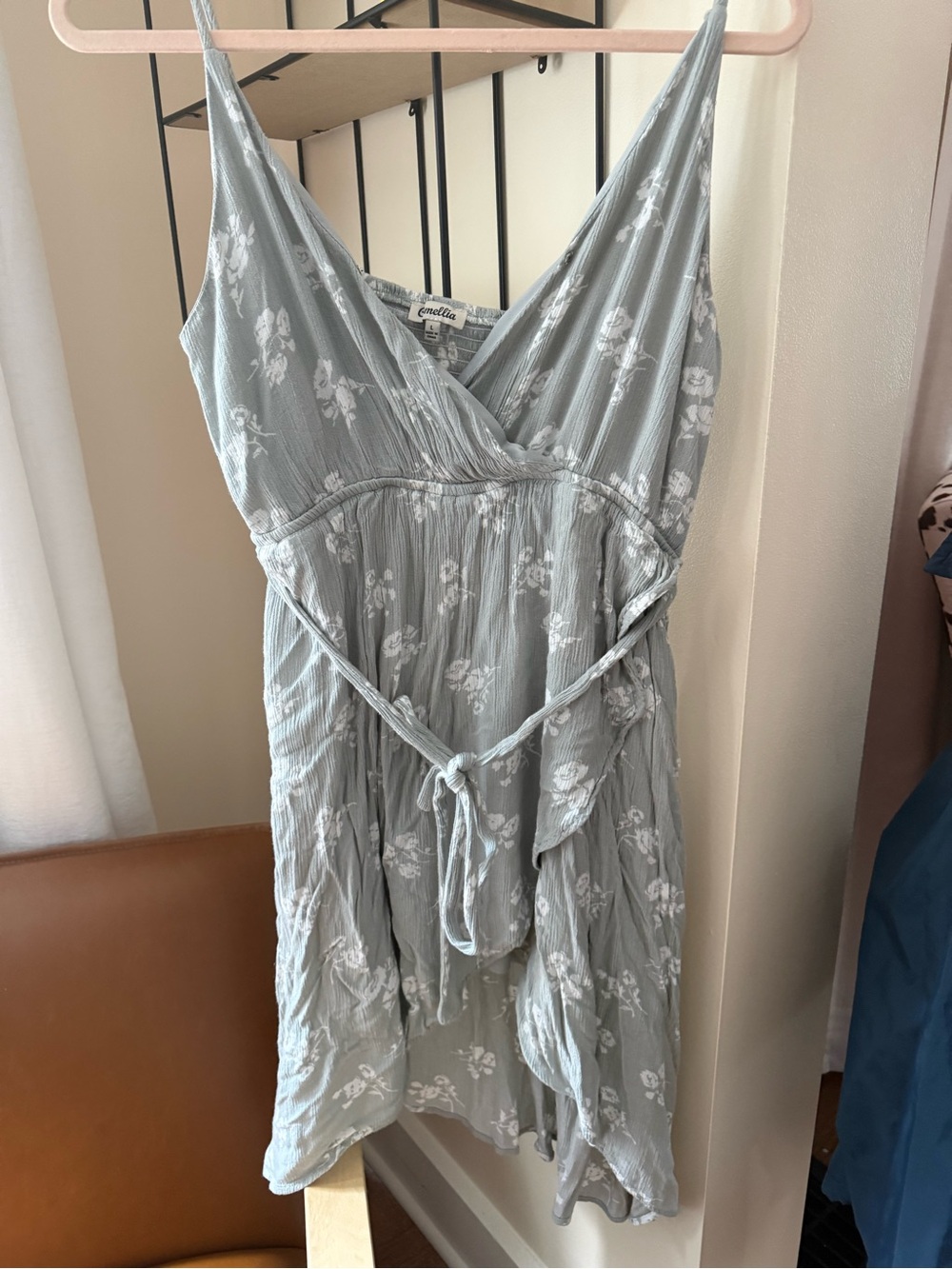 Light Blue Floral Mini Dress with Tie Waist